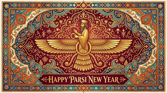 Happy Parsi New Year Faravahar Symbol with Traditional Persian Rug Pattern.