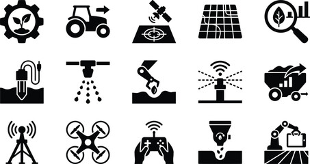 Obraz premium Set of black smart farming icons representing precision agriculture and modern farming technology with digital tools and automated machinery