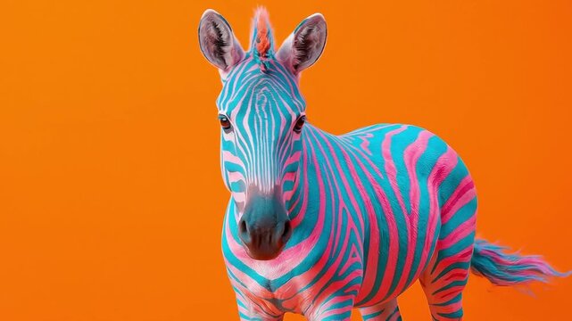 Tracking shot of multicolored zebra standing and turning on orange studio backdrop with closeup frontal and profile views, bright playful modern portrait with pop art color scheme