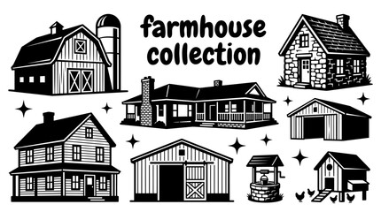 countryside farmhouses featuring classic barns ranch homes stone cottages wooden residences rural homesteads and agricultural architecture arranged as a premium commercial vector illustration set © Ethan
