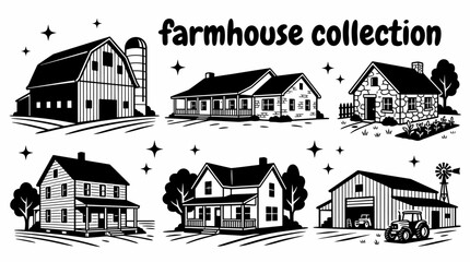 countryside farmhouses featuring classic barns ranch homes stone cottages wooden residences rural homesteads and agricultural architecture arranged as a premium commercial vector illustration set © Ethan