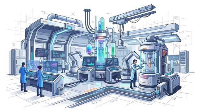 Scientists working in a futuristic laboratory with robotic arms and high tech equipment