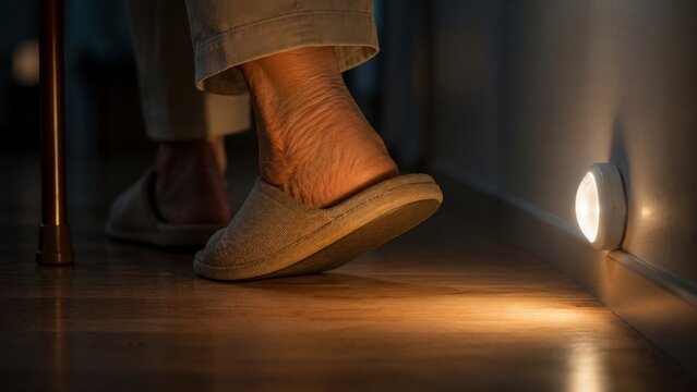 Senior person walking with cane at night guided by automatic motion sensor wall light