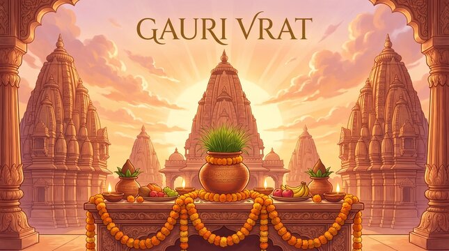 Indian Festival Sunrise Illustration for Gauri Vrat