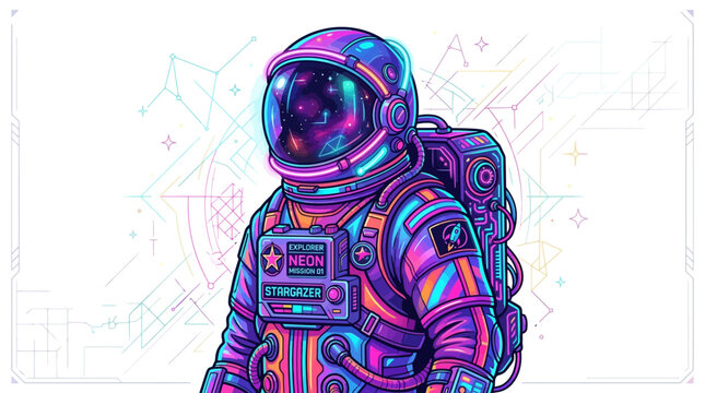Neon astronaut in colorful space suit with stargazer mission patch