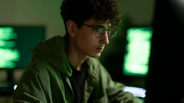 A young person with curly hair and glasses is focused on a computer screen glowing green in a dimly lit room