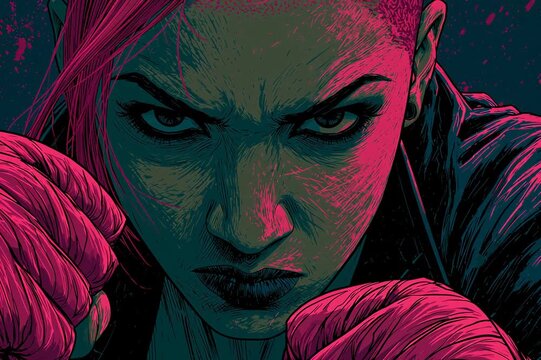 A dramatic, close-up pop art comic book illustration of a fierce woman with pink hand wraps raised in a fighting stance, staring intensely ahead.