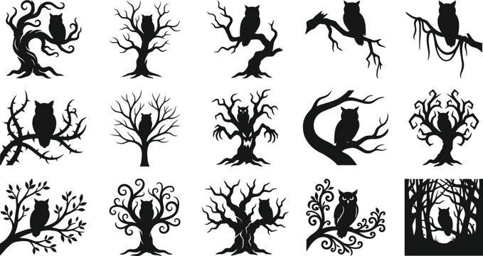 Halloween vector bundle spooky owl tree silhouettes for fall designs decorations and digital art