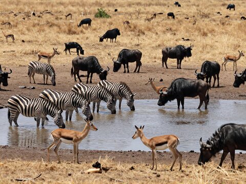 Various Wildlife Gathering at Waterhole in Dry Season Serengeti