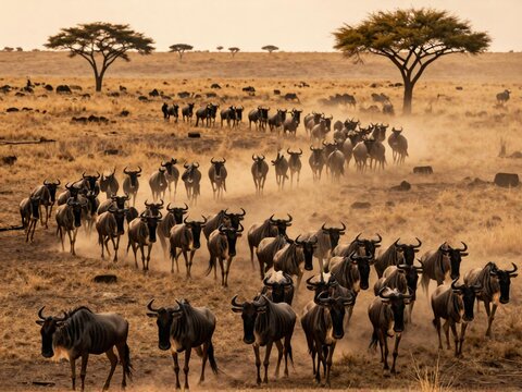 Wildebeest Great Migration Herd Marching in Serengeti Savanna