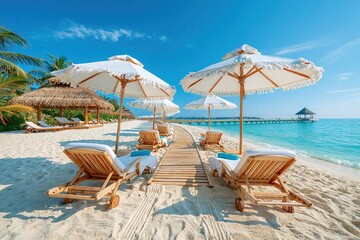 Obraz premium Serene tropical beach with white sun loungers and umbrellas, leading to turquoise ocean under a clear blue sky