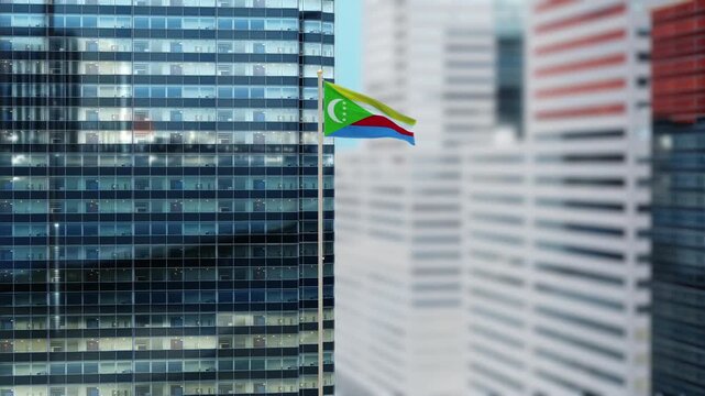 Comoros Flag 3D Render Animation on Pole with Modern City Buildings - Shallow Depth of Field, Daytime View