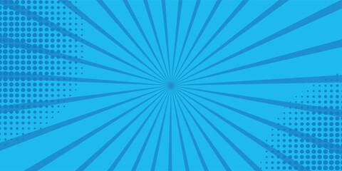 Pop art blue radial comics book cartoon magazine cover. Cartoon funny retro strip. Vector halftone illustration. Vintage backdrop for comic superhero text, speech bubble, message. © ifan