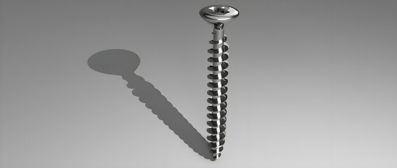 Single metallic wood screw standing upright on a grey background with a sharp shadow, 3D render © Logno