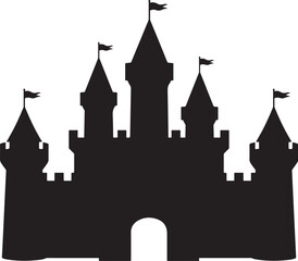 Black Silhouette Fairytale Castle With Towers Flags Isolated Icon Background © Khilal