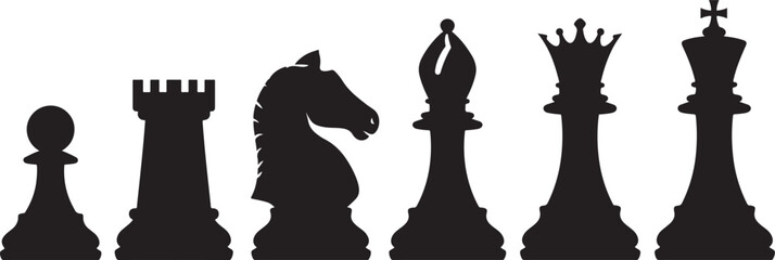 Black Chess Pieces Silhouette Set King Queen Knight Rook Bishop Pawn © Khilal