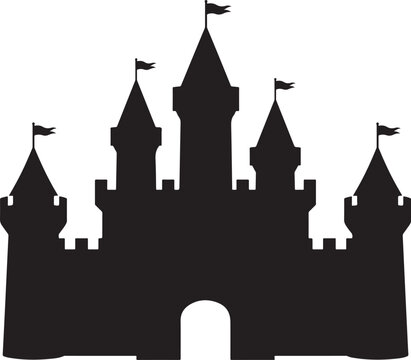 Black Silhouette Fairytale Castle With Towers Flags Isolated Icon Background