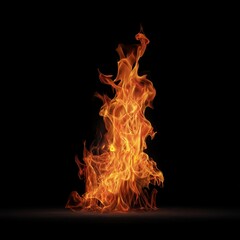 Fototapeta premium Bright orange flames twist and dance upwards against a pitch-black background, creating a dynamic and intense visual of fire