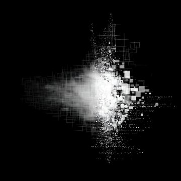 Abstract digital explosion of white pixels and squares on a black background, symbolizing data fragmentation or digital transformation