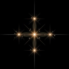 Fototapeta premium Five glowing golden stars arranged in a cross pattern on a black background, emitting radiant light and sparkles