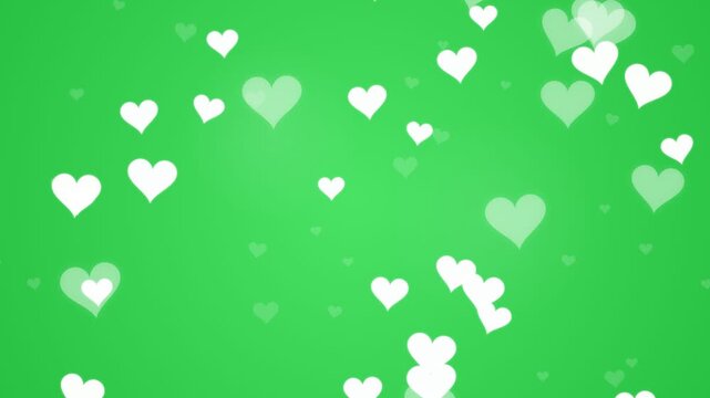 Green screen falling floating hearts romantic bokeh loop, white glowing love symbols animation