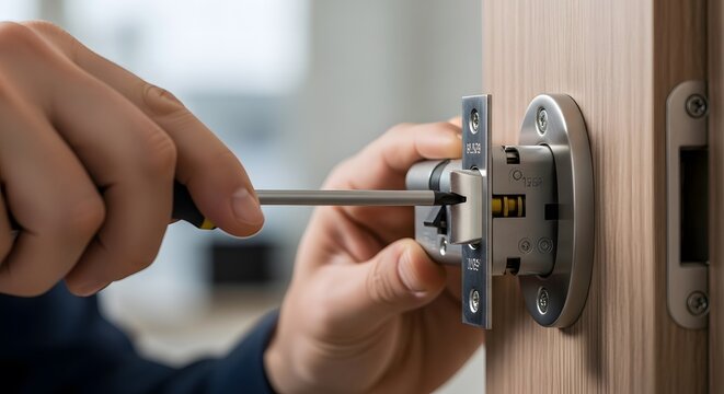 Locksmith installing a new door lock mechanism with a screwdriver.