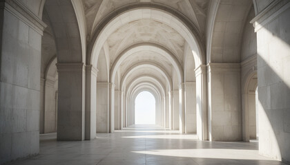 Obraz premium Grand arcaded hallway with repeating arches and sunlight streaks on floor with illuminated bright sunlight casting shadows floor openings columns illuminated