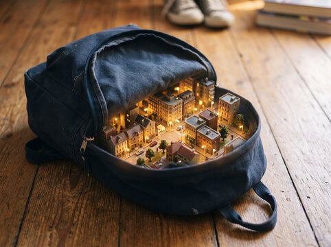 School backpack opening to reveal a miniature city, symbolizing imagination, learning opportunities and a world of knowledge