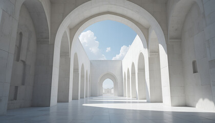 Fototapeta premium Bright white architectural corridor with arched colonnade under blue sky with architectural detail architecture perspective cleanliness minimalist