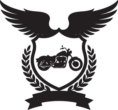 Winged Motorcycle Crest With Laurel Wreath And Ribbon Banner Emblem