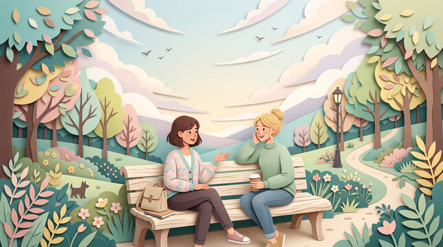 Two women in a park, talking on a bench, with trees, flowers, and clouds