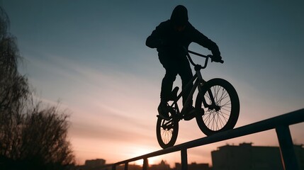 Obraz premium A silhouetted BMX biker balances his bike on a rail during sunset with cityscape and trees in background