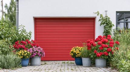 Fototapeta premium Vibrant Red Garage Door with Blooming Potted Flowers and Lush Greenery Creating a Welcoming Entrance