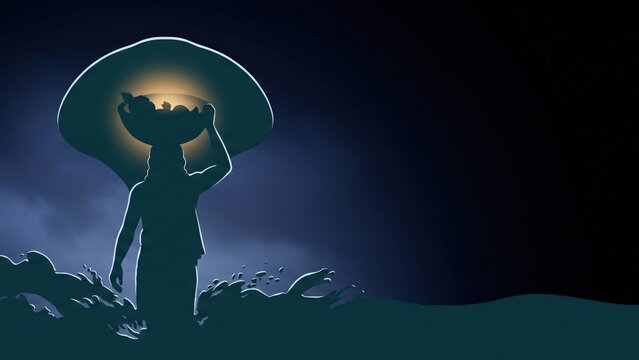 Vasudeva Crossing Yamuna &ndash; Divine Silhouette Banner Background