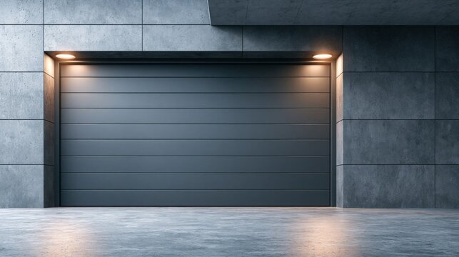 Modern Industrial Garage Door with Subtle Uplighting on Concrete Facade