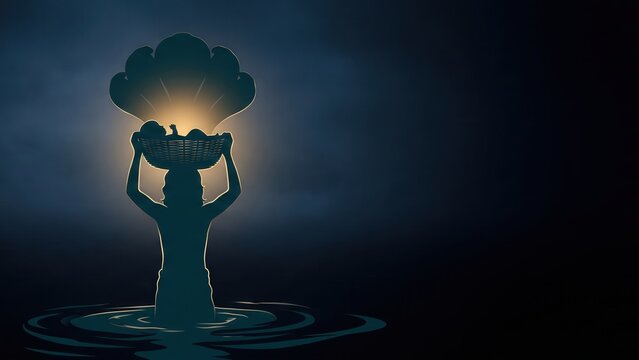 Vasudeva Crossing Yamuna &ndash; Divine Silhouette Banner Background