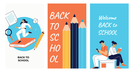Naklejka premium Back to School Flat Vector Poster Set – Student Character, Giant Pencils & Friends Reading Illustration