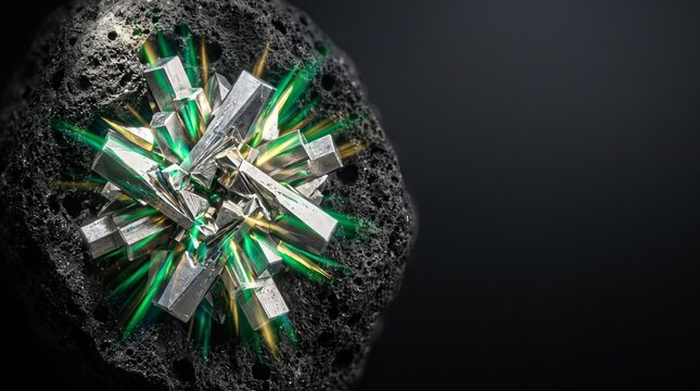 Creative Geometric, metallic, green and silver abstract, futuristic design element, 3D render, decorative shape 2k