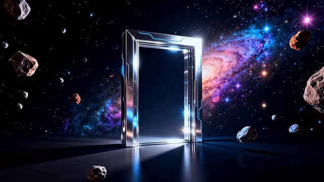 Space portal with asteroids and galaxy