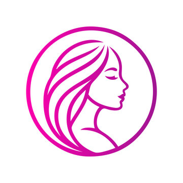 Logotipo de sal&oacute;n de belleza. Dibujo sencillo con l&iacute;neas de la cara de una mujer de perfil, con los ojos cerrados, con peinado con ondas en un marco circular