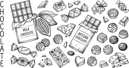 Sweet chocolate bars and candy truffles sweets collection set with cocoa pod hand drawn sketch engraving vector illustration © Bappi