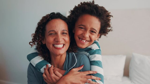 Happy, hug and face of mother with child on bed in home for bonding, love and connection together. Laugh, relax and portrait of kid embracing mom for safety, support and trust in family at house.