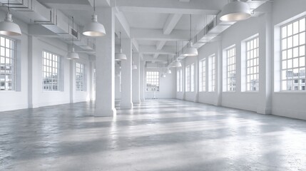 Obraz premium Bright, Spacious, White Industrial Loft Space with Large Windows and Concrete Floors