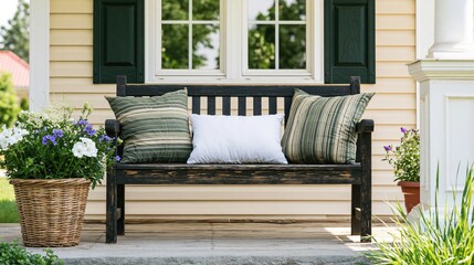 Obraz premium Inviting Front Porch Scene with Comfortable Bench, Cushions, and Blooming Flowers, Welcoming Ambiance