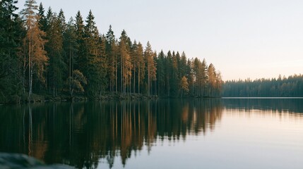 Fototapeta premium Tranquil Forested Lake with Reflective Water at Sunrise or Sunset