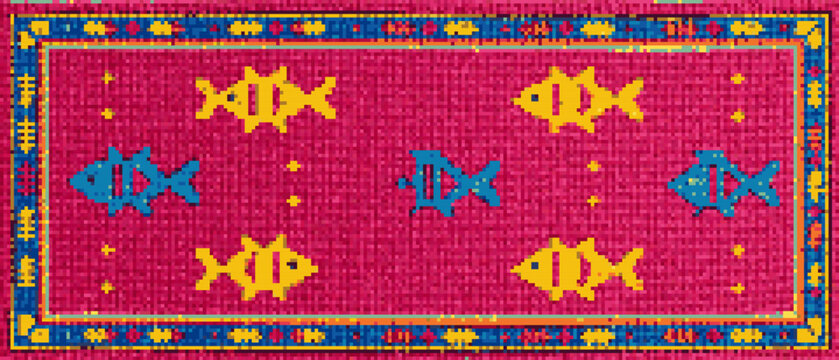 Mexican Otomi Fish Cross Stitch Rug Ultrawide Runner Vector