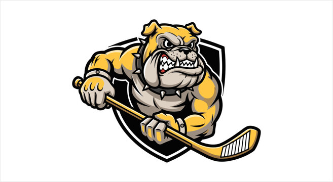 Aggressive Bulldog Mascot Holding Hockey Stick Ready to Play.