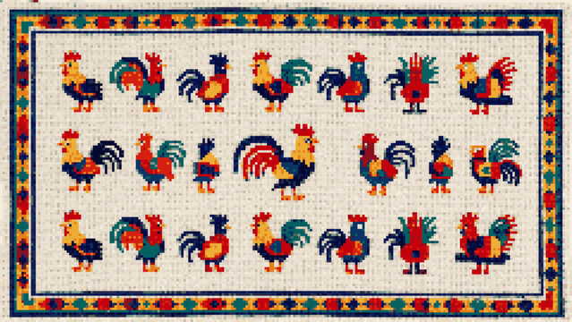 Mexican Otomi Rooster Cross Stitch Rug Widescreen Vector