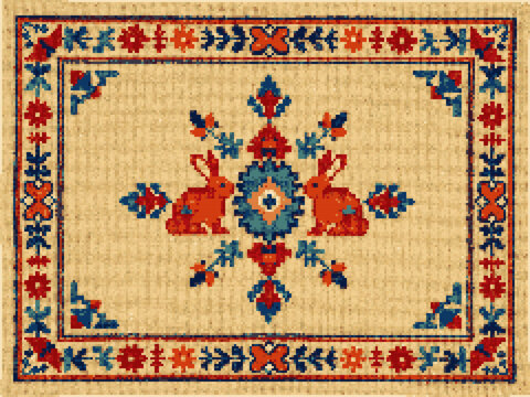 Mexican Otomi Rabbit Cross Stitch Rug Landscape Vector