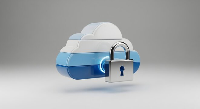 A 3D rendered cloud storage icon secured with a metal padlock representing digital data protection.